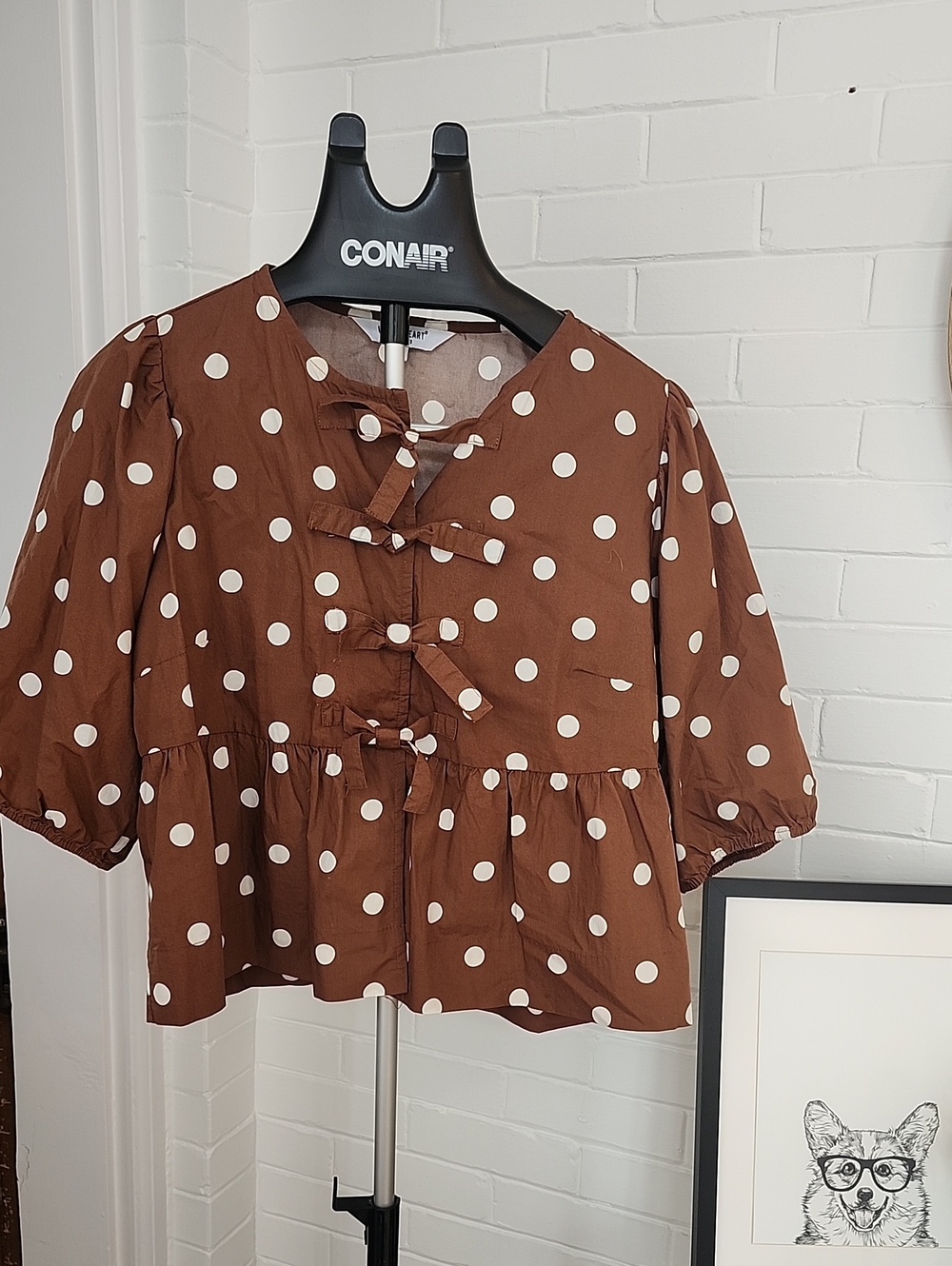 Polka Dot Tie-Front Peplum Top, Large